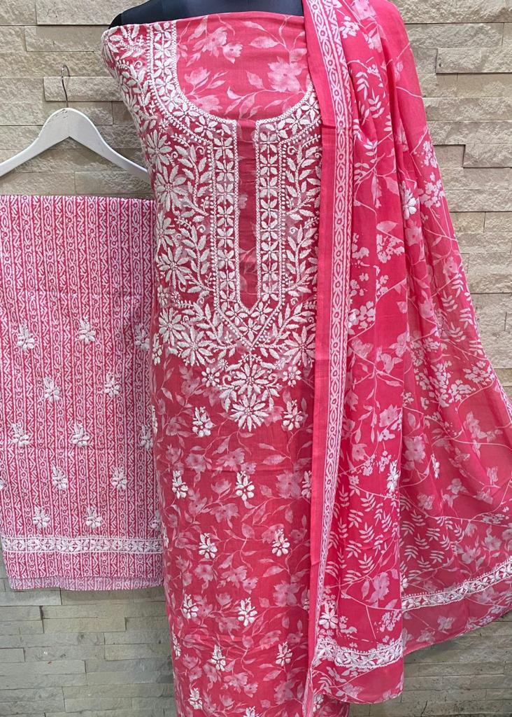 Pink Hand Embroidered Lucknow Chikankari Kurta Set With Dupatta (Set of 3)  - KAAJH - 4143976
